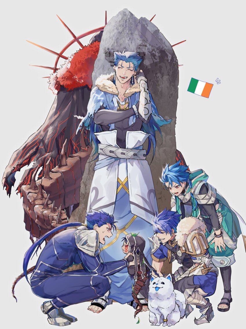 6+boys absurdres armor basashi_(1092aru) blue_hair bodysuit braid braided_ponytail cape capelet clochafarmore cu_chulainn_(caster)_(fate) cu_chulainn_(fate) cu_chulainn_(fate/prototype) cu_chulainn_(fate/stay_night) cu_chulainn_alter_(fate) dog earrings fate/grand_order fate_(series) full_body fur_trim grey_background hair_tubes highres hood irish_flag jewelry long_hair male_focus menhir mini_cu-chan_(fate) multiple_boys pants ponytail red_eyes setanta_(fate) shirt shoes simple_background single_braid single_hair_tube smile squatting standing tail