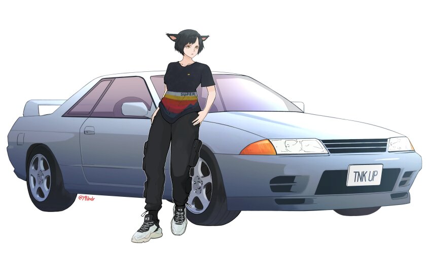 1girl absurdres animal_ears black_hair black_pants black_shirt breasts car closed_mouth collarbone commentary commission english_commentary highres medium_breasts motor_vehicle nissan_skyline nissan_skyline_gt-r nissan_skyline_r32 original pants print_shirt shirt shoes short_hair short_sleeves slit_pupils solo twitter_username white_background white_shoes yblndr yellow_eyes