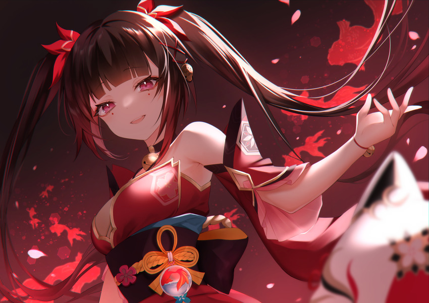 1girl :d armpits bare_shoulders bell black_choker blush bow brown_hair choker dress fish floating_hair from_side gradient_hair hair_bow hand_up haruhitooo highres honkai:_star_rail honkai_(series) looking_at_viewer multicolored_hair neck_bell obi open_mouth outstretched_arm pink_eyes red_bow red_dress red_hair sash sidelocks sleeveless sleeveless_dress smile solo sparkle_(honkai:_star_rail) twintails upper_body