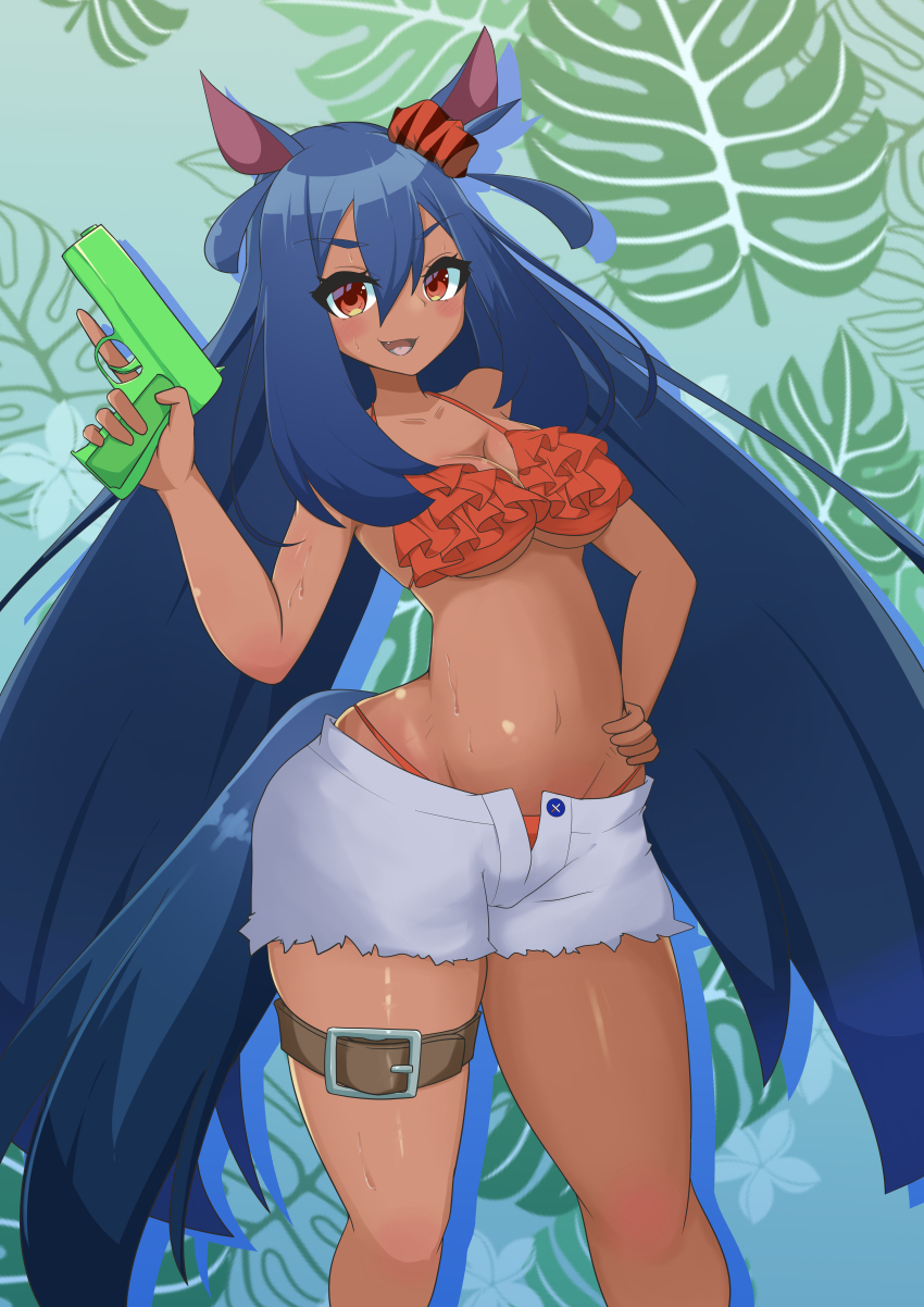 1girl absurdres alternate_costume animal_ears asahiruyou bikini black_hair blush breasts cleavage commentary cowboy_shot dark-skinned_female dark_skin ear_ornament ear_scrunchie frilled_bikini frills gradient_background hair_between_eyes hand_on_own_hip highres hishi_amazon_(umamusume) holding holding_water_gun horse_ears horse_girl horse_tail large_breasts leaf_print long_hair navel open_mouth print_background red_bikini red_eyes smile solo stomach swimsuit tail thigh_strap trigger_discipline umamusume very_long_hair water_gun