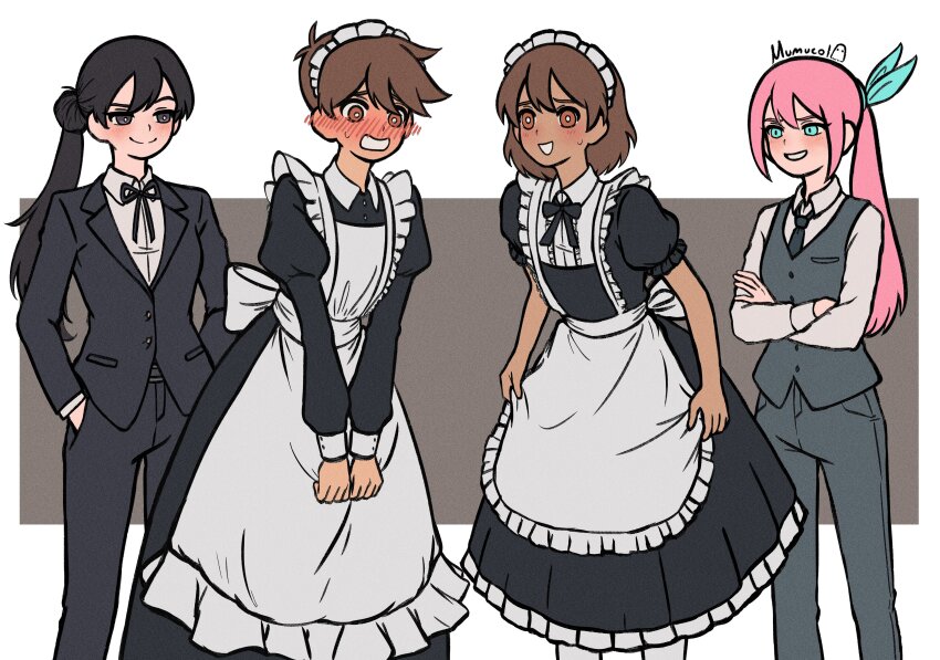 2boys 2girls absurdres alternate_costume alternate_hairstyle antenna_hair aubrey_(faraway)_(omori) aubrey_(omori) black_eyes black_hair black_necktie black_pants blue_eyes blue_ribbon blush bright_pupils brothers brown_eyes brown_hair butler closed_mouth crossed_arms dark-skinned_female dark_skin enmaided female_butler grey_pants hair_ribbon hero_(faraway)_(omori) hero_(omori) highres kel_(faraway)_(omori) kel_(omori) long_hair long_sleeves looking_at_another maid male_focus mari_(faraway)_(omori) mari_(omori) multiple_boys multiple_girls mumucol necktie omori open_mouth pants parted_lips pink_hair ponytail puffy_short_sleeves puffy_sleeves ribbon short_hair short_sleeves siblings smile smug thighhighs white_pupils white_thighhighs