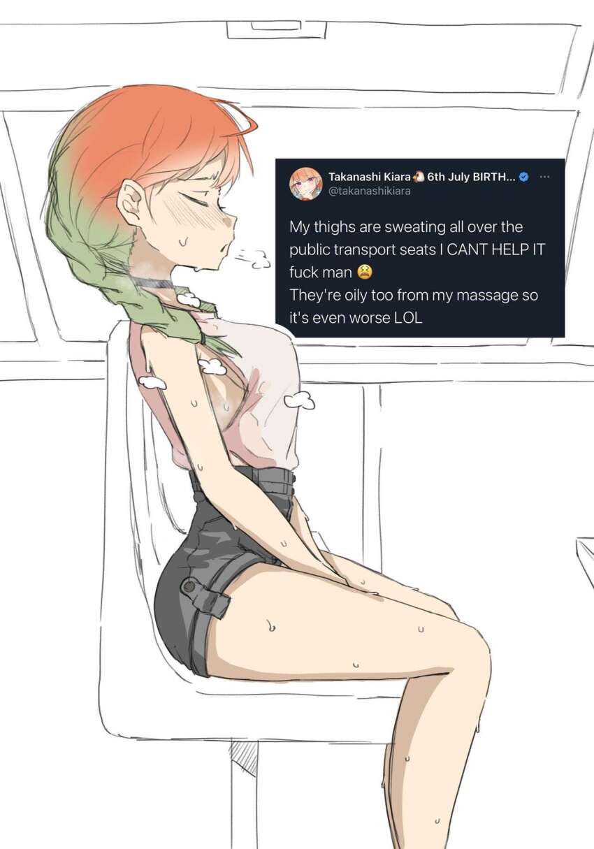 1girl ahoge braid breasts choker closed_eyes gradient_hair green_hair high-waist_shorts highres hololive hololive_english long_hair medium_breasts multicolored_hair non-web_source orange_hair shorts sitting steam steaming_body sweat takanashi_kiara tank_top tweet twin_braids virtual_youtuber white_background zlix0n