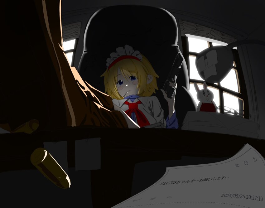 1girl alice_margatroid blonde_hair blue_dress blue_eyes blush_stickers boots brown_boots bullet capelet cigarette closed_mouth collared_capelet commentary_request cookie_(touhou) dress feet_on_table fisheye fluffy_fluffy_rabbit-chan frilled_hairband frills gun hairband handgun highres holding holding_gun holding_weapon indoors long_sleeves looking_at_viewer red_hairband short_hair smile smoking solo stuffed_animal stuffed_rabbit stuffed_toy suzuki_kenichi taisa_(cookie) touhou translation_request weapon white_capelet window