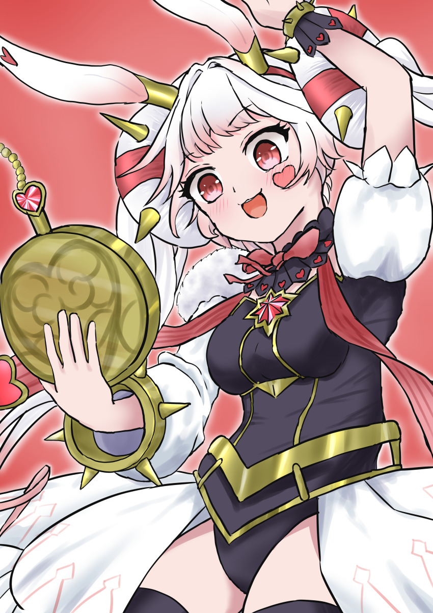 1girl absurdres animal_ears arm_up black_leotard blush bow bowtie breasts detached_collar double_bun duel_monster gt_majoyan hair_bun hairband heart heart_tattoo highres holding holding_pocket_watch leotard long_hair maliss_&lt;p&gt;_white_rabbit medium_breasts multicolored_hair open_mouth pink_background pink_eyes pocket_watch rabbit_ears rabbit_girl simple_background smile solo spiked_hairband spiked_wristband spikes tattoo thighs two-tone_hair watch yu-gi-oh!