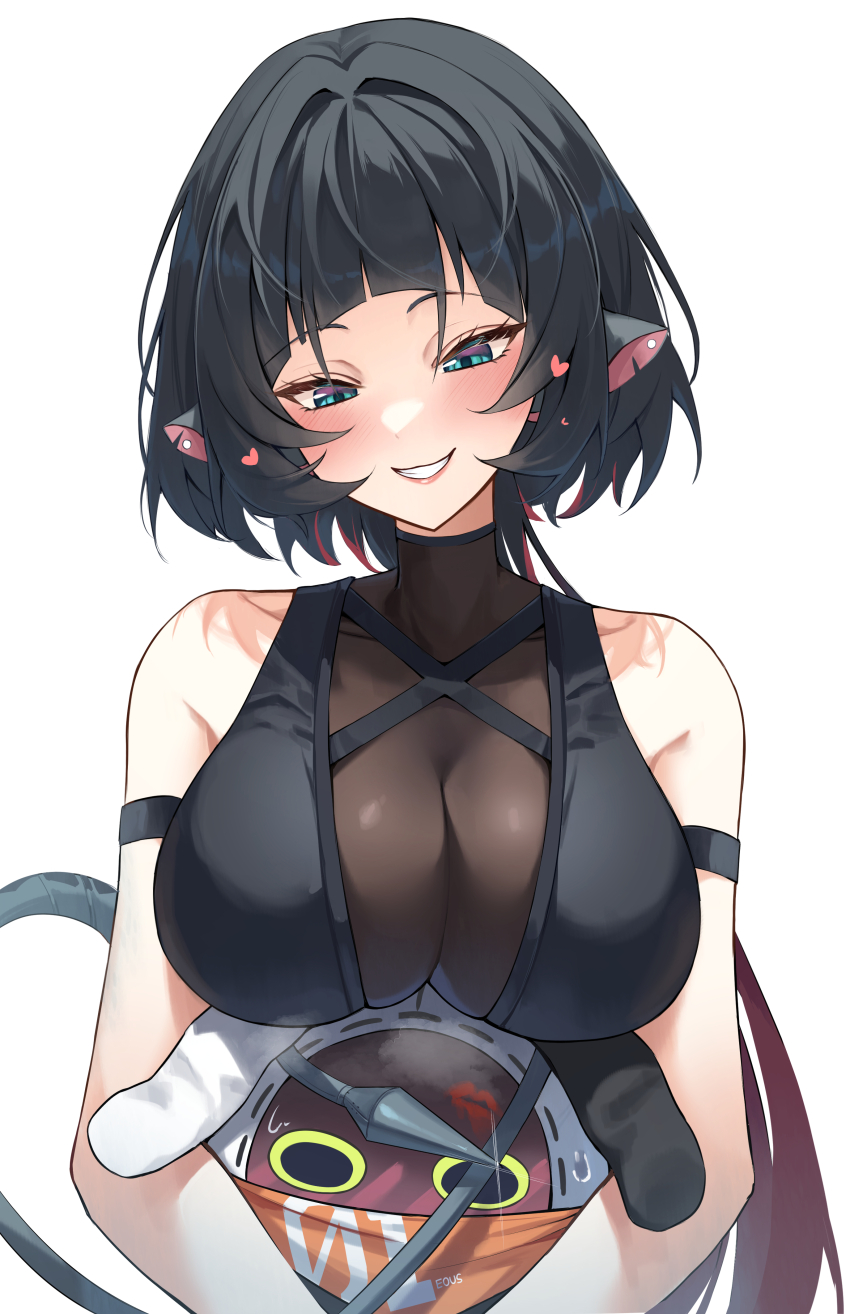 1girl 1other absurdres animal_ears arm_strap bandana bandana_around_neck bangboo_(zenless_zone_zero) bare_shoulders black_hair black_shirt blue_eyes blush bodystocking breasts commentary_request ear_piercing eous_(zenless_zone_zero) grin hair_intakes head_tilt heart highres jane_doe_(zenless_zone_zero) kimae large_breasts lipstick_mark lipstick_mark_on_forehead long_hair long_tail looking_at_another looking_down mouse_ears mouse_girl mouse_tail multicolored_hair orange_bandana parted_lips piercing red_hair see-through_clothes sharp_tail shirt simple_background sleeveless sleeveless_shirt smile sweatdrop tail upper_body white_background zenless_zone_zero