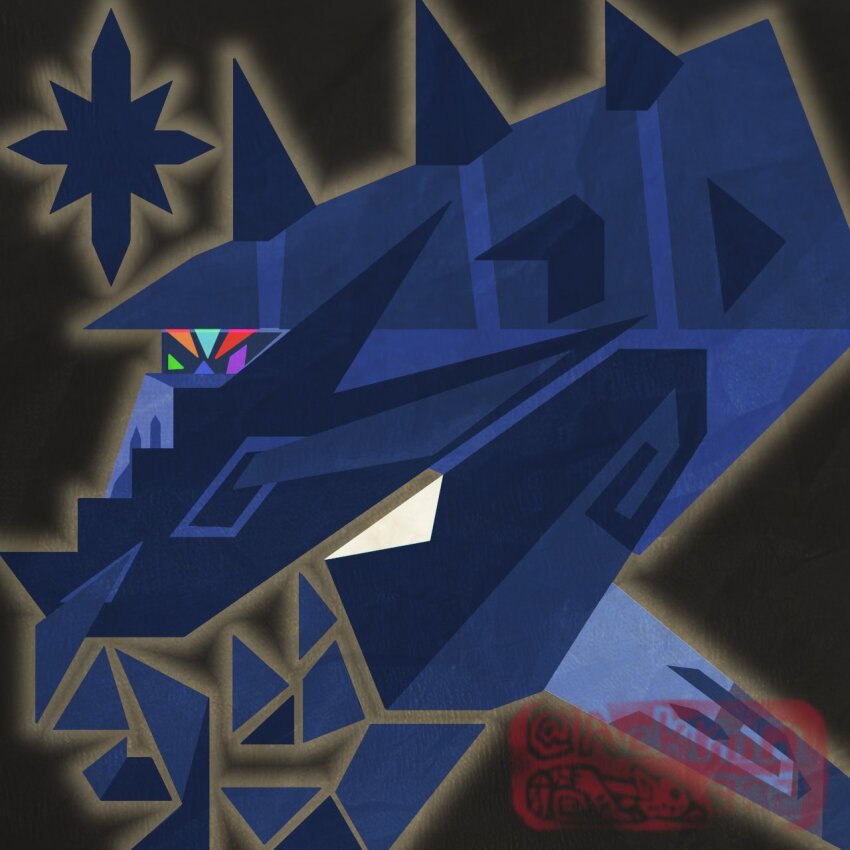 ackron302 blue_eyes blue_gemstone claws crystal from_side gem gen_7_pokemon glowing highres legendary_pokemon monster_hunter_(series) multicolored_eyes necrozma necrozma_(normal) nintendo no_humans parody pokemon pokemon_(creature) pokemon_focus profile solo spikes star_(sky) style_parody