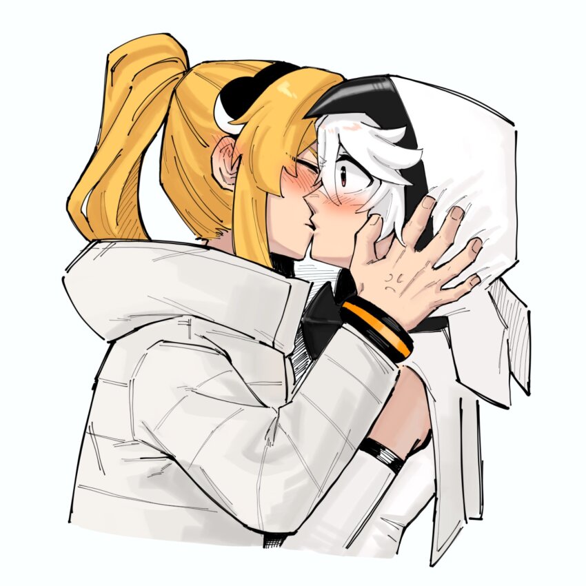 2girls anger_vein blonde_hair blush closed_eyes commentary gmeg011 hashtag-only_commentary highres hood hood_up jacket kiss koishikawa_iko long_sleeves multiple_girls ponytail red_eyes shirt shy_(character) shy_(series) simple_background white_background white_hair white_hood white_jacket yuri