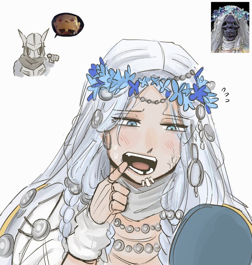 1boy 1girl armor black_cape blue_eyes cape commentary doll_joints elden_ring elden_ring_nightreign emphasis_lines english_commentary finger_in_own_mouth head_wreath helmet highres jewelry johnholl0w joints looking_at_mirror meme_inset mirror missing_tooth open_mouth pointing reference_inset revenant_(elden_ring) ryoumen_sukuna_(jujutsu_kaisen) skull tongue upper_body white_background white_hair winged_helmet wylder_(elden_ring)