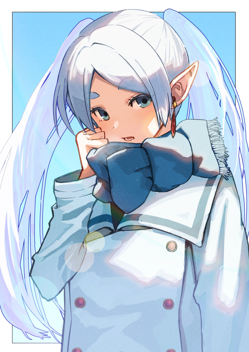 1girl alternate_eye_color blue_eyes blue_scarf border coat commentary_request earrings elf floating_earrings frieren hand_up highres jewelry long_hair long_sleeves looking_at_viewer open_mouth outside_border parted_bangs pointy_ears scarf solo sousou_no_frieren thick_eyebrows toraneko twintails upper_body white_border white_coat white_hair