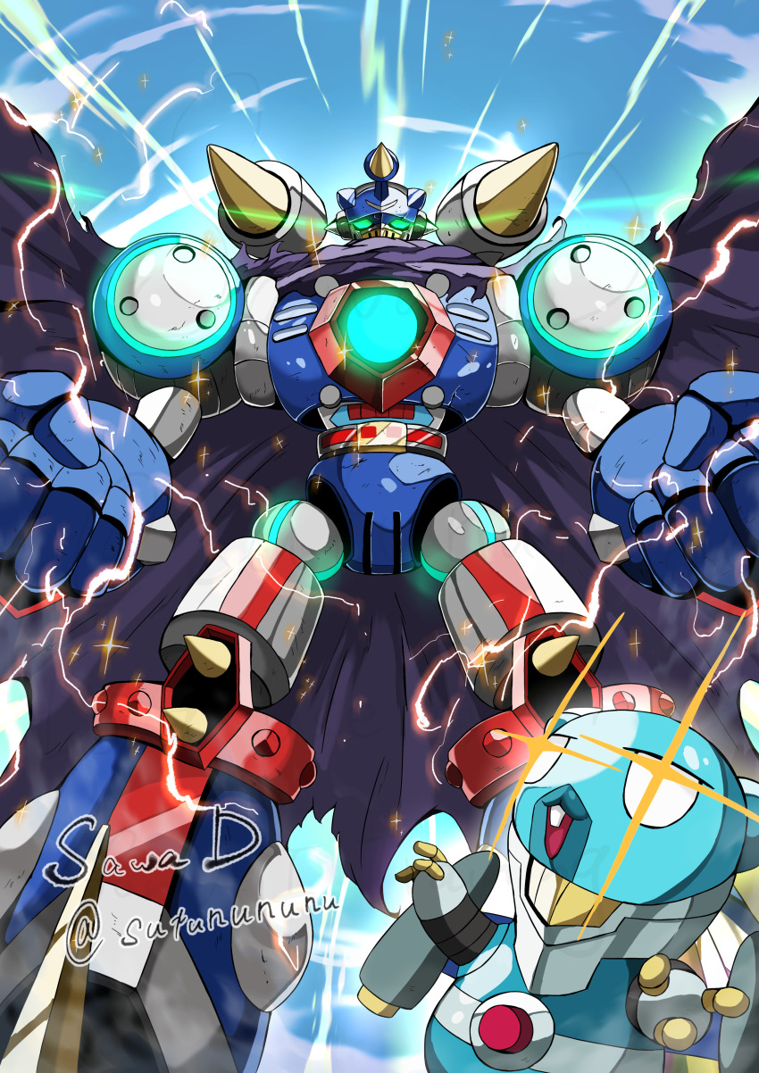 absurdres armor artist_name black_cape blue_armor cape clenched_hands digimon digimon_(creature) espimon evolutionary_line glowing glowing_eyes green_eyes highres humanoid_robot invisimon mecha robot sawa_d solo_focus twitter_username
