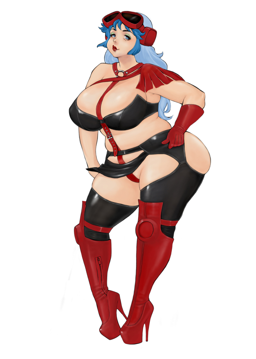 1girl between_breasts black_bodysuit blue_eyes blue_eyeshadow blue_hair bodysuit boots breasts eyeshadow full_body gloves goggles goggles_on_head greta_karas high_heel_boots high_heels highres komii large_breasts lipstick long_hair looking_at_viewer makeup mature_female mole mole_under_eye o-ring old old_woman plump red_gloves sentou_mecha_xabungle sidelocks simple_background solo standing thick_thighs thighs white_background