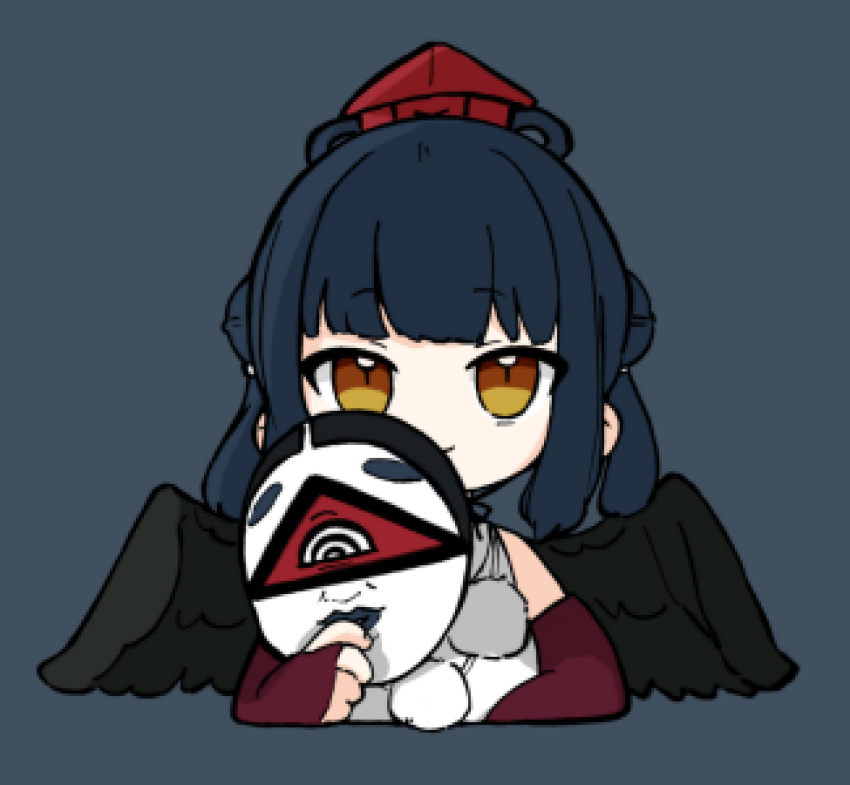 1girl bare_shoulders black_hair black_wings brown_eyes chibi closed_mouth commentary cropped_torso double_bun elbow_gloves feathered_wings fingerless_gloves gloves grey_background hair_bun hat highres holding japanese_clothes kimono looking_at_viewer nijisanji nozo_(hitomiz) purple_gloves red_hat sidelocks simple_background sleeveless sleeveless_kimono smile solo tokin_hat twintails upper_body virtual_youtuber white_kimono wings yamagami_karuta yamagami_karuta_(1st_costume)