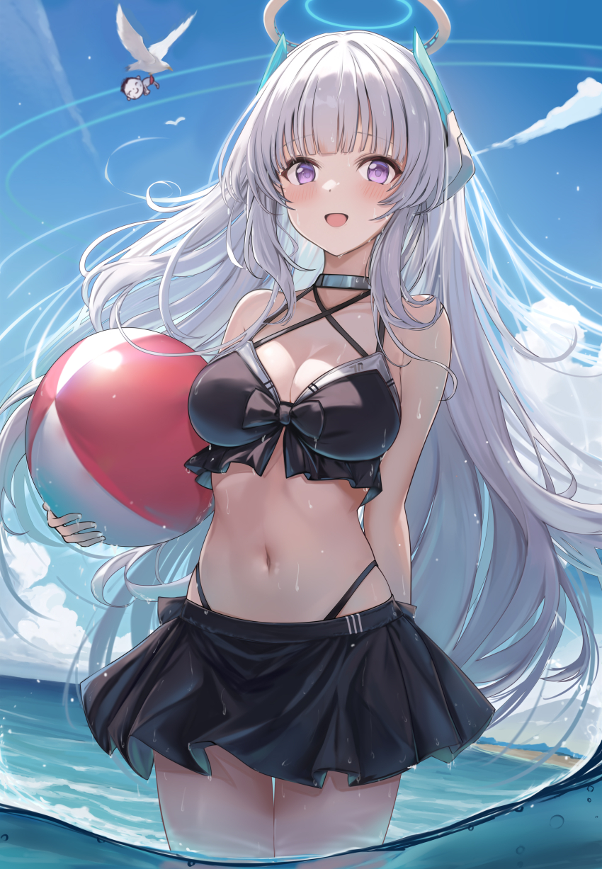 1boy 1girl absurdres alternate_costume animal ball beachball bikini bikini_day bird black_bikini blue_archive blunt_bangs blush breasts cleavage commentary_request dasiu day doodle_sensei_(blue_archive) grey_hair halo halterneck headgear highres holding holding_ball holding_beachball large_breasts long_hair mechanical_halo noa_(blue_archive) open_mouth outdoors purple_eyes sensei_(blue_archive) smile swimsuit upper_body wading