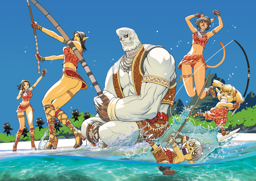 2boys 4girls :d adventurer_(ff11) animal_ears arm_up arms_up ass bare_shoulders beach bikini black_hair blank_eyes blonde_hair blue_sky bracelet breasts brown_eyes brown_hair brown_sandals brown_vest cat_ears cat_girl cat_tail caustics clear_sky closed_mouth colored_skin commentary day elf elvaan eyeliner facial_hair facial_mark final_fantasy final_fantasy_xi fingerless_gloves fish_hook fishing fishing_rod galka gloves green_skin hagiwara_kazushi hand_up heel_up holding holding_fishing_rod hume indian_style jewelry jumping kneepits large_pectorals makeup mandragora_(final_fantasy) median_furrow medium_breasts midair mithra_(ff11) multiple_boys multiple_girls muscular muscular_male navel official_art open_clothes open_mouth open_vest outdoors pectorals pointy_ears ponytail rectangular_mouth red_bikini red_eyeliner red_eyes red_gloves red_sarong sandals sarong second-party_source short_hair sitting sky smile splashing swimsuit tail tarutaru teeth thigh_strap twintails vest water whisker_markings white_beard white_facial_hair white_hair