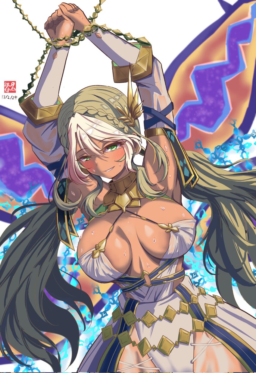 1girl andromeda_(fate) andromeda_(first_ascension)_(fate) armlet armpits arms_up bare_shoulders belly_chain blonde_hair blush braid breasts chain cleavage collar crown_braid cuffs dark-skinned_female dark_skin detached_sleeves dress fate/grand_order fate_(series) gold_teeth green_eyes grin hair_ornament highres jaws jewelry large_breasts long_hair looking_at_viewer low_twintails metal_collar multicolored_hair restrained shackles short_dress sidelocks smile solo tetsu_no_samurai twintails two-tone_hair white_dress white_hair
