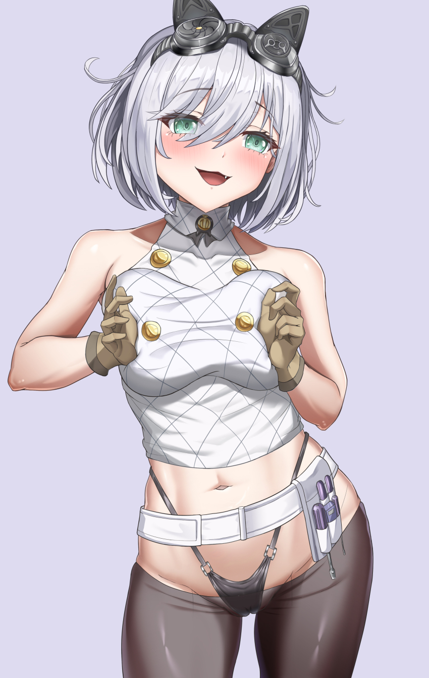 1girl absurdres azur_lane bare_shoulders black_panties black_pantyhose blush breasts breasts_squeezed_together fang gloves goggles goggles_on_head green_eyes hands_up highleg highleg_panties highres large_breasts looking_at_viewer navel oleg_(azur_lane) open_mouth panties pantyhose purple_background short_hair simple_background sleeveless solo stomach underwear white_hair xdl yellow_gloves