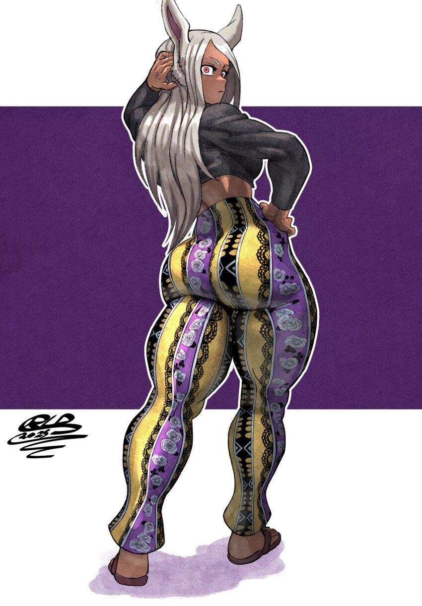 1girl absurdres animal_ears ass bell-bottoms boku_no_hero_academia crimsonrld dark-skinned_female dark_skin forbidden_pants hand_on_own_hip highres long_eyelashes long_hair long_sleeves looking_at_viewer mirko pants rabbit_ears rabbit_girl red_eyes slippers solo white_hair