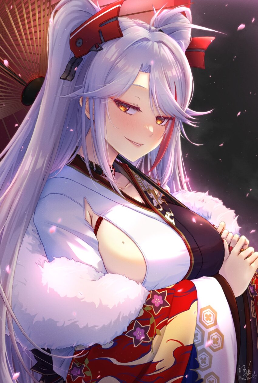 1girl antenna_hair azur_lane blush breasts cherry_blossoms choker collarbone commentary_request cross cross_choker cup falling_petals fingernails from_side fur-trimmed_kimono fur_trim green_eyes grin headgear highres holding holding_umbrella honeycomb_(pattern) honeycomb_print iron_cross japanese_clothes kimono large_breasts mole mole_on_breast multicolored_hair multicolored_kimono official_alternate_costume oil-paper_umbrella petals prinz_eugen_(azur_lane) prinz_eugen_(profusion_of_flowers)_(azur_lane) red_hair red_nails sakazuki sideboob sideless_kimono signature simple_background smile solo streaked_hair twitter_username two_side_up umbrella upper_body waa!_okami white_hair wide_sleeves