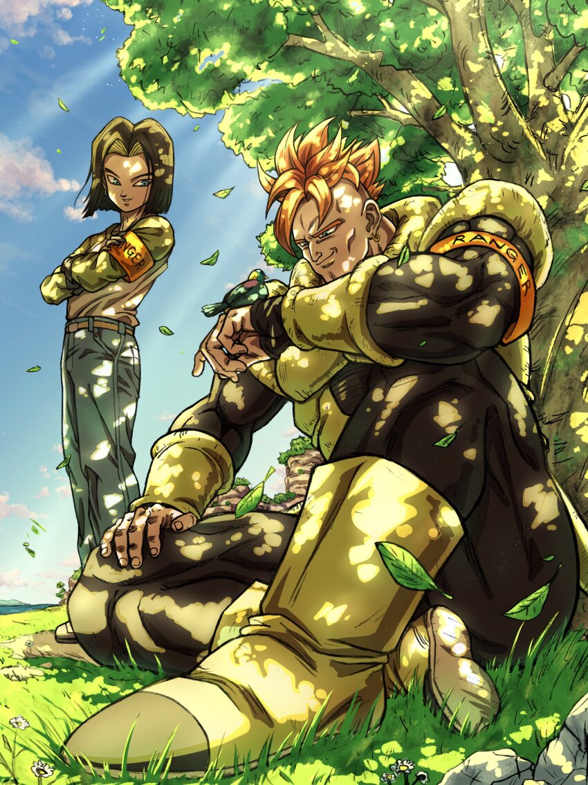 2boys absurdres android_16 android_17 armor bird black_hair blue_eyes crossed_arms denim dragon_ball dragon_ball_super dragonball_z earrings green_armor green_shirt highres jewelry male_focus mocky_art mohawk multiple_boys nature orange_hair outdoors shirt short_hair tree