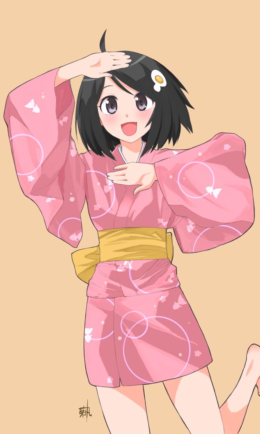 1girl :d ahoge animal_print araragi_tsukihi artist_name barefoot black_hair blush bob_cut breasts brown_eyes circle_print commentary cowboy_shot dancing egg_hair_ornament fish_print food-themed_hair_ornament foot_out_of_frame foot_up fried_egg hair_ornament highres japanese_clothes kikumaru_bunta kimono long_sleeves looking_at_viewer monogatari_(series) obi open_mouth orange_background pink_kimono sash short_hair short_kimono signature simple_background small_breasts smile solo translated white_sleeves yellow_sash