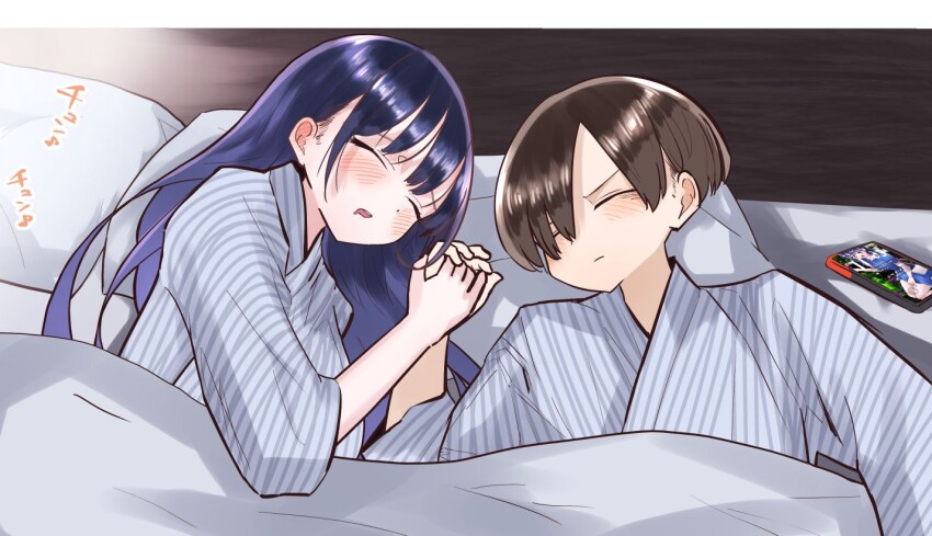 black_hair blanket blue_pajamas blush boku_no_kokoro_no_yabai_yatsu cellphone closed_eyes closed_mouth commentary_request hetero holding_hands ichikawa_kyoutarou indoors long_hair m2bou open_mouth paid_reward_available pajamas phone pillow short_hair sleeping smartphone striped_clothes striped_pajamas under_covers upper_body yamada_anna
