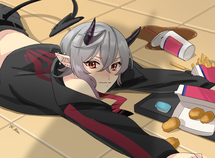 1girl apu_spills_his_tendies_(meme) billyonthestraw black_horns black_jacket chicken_nuggets crying crying_with_eyes_open demon_tail ear_piercing food french_fries from_above grey_hair highres horns imp indie_virtual_youtuber jacket lying multiple_piercings on_stomach piercing pointy_ears red_eyes rinkya second-party_source soda spilled_drink tail tears tray virtual_youtuber