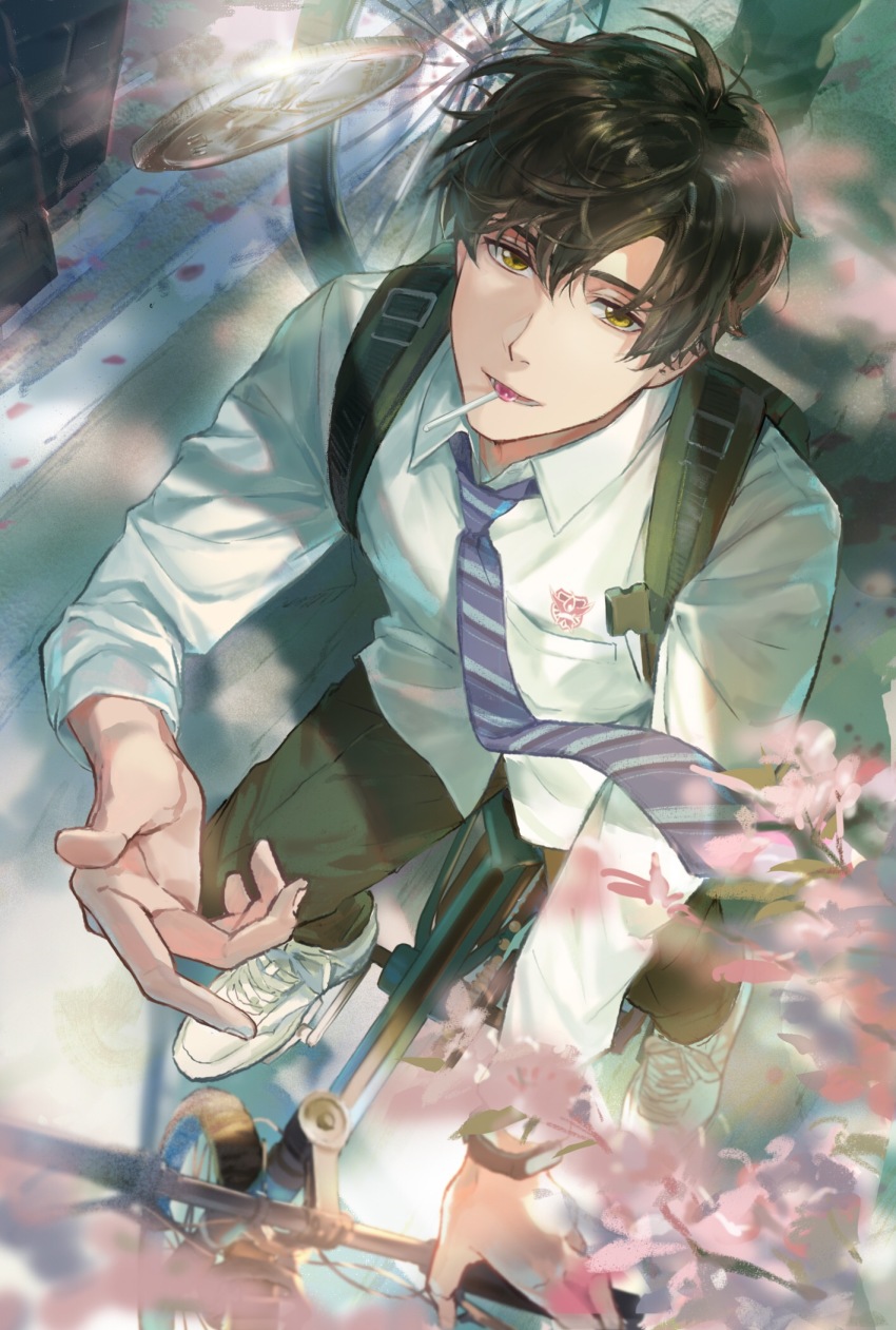 1boy 1other alternate_costume backpack bag bicycle black_bag black_hair black_pants blue_necktie blurry blurry_foreground bosi_tenghu branch candy cherry_blossoms chinese_commentary coin collared_shirt day flower food from_above full_body highres lollipop lollipop_in_mouth long_sleeves looking_at_viewer male_focus mouth_hold necktie outdoors pants petals pink_flower quan_zhi_gao_shou riding riding_bicycle road school_uniform shirt shoes short_hair sneakers solo_focus striped_necktie white_shirt white_shoes ye_xiu yellow_eyes