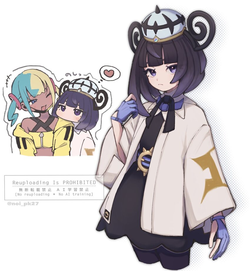 +++ 1boy 1girl ;d bandeau black_dress black_hair canari_(pokemon) closed_mouth dress gloves gwynn_(pokemon) hat highres jacket long_hair multicolored_hair nintendo noi_(noi_pk27) one_eye_closed open_clothes open_jacket open_mouth partially_fingerless_gloves pokemon pokemon_legends:_z-a single_off_shoulder smile speech_bubble thought_bubble translation_request twitter_username two-tone_hair watermark yellow_bandeau yellow_jacket yuri zipper_pull_tab