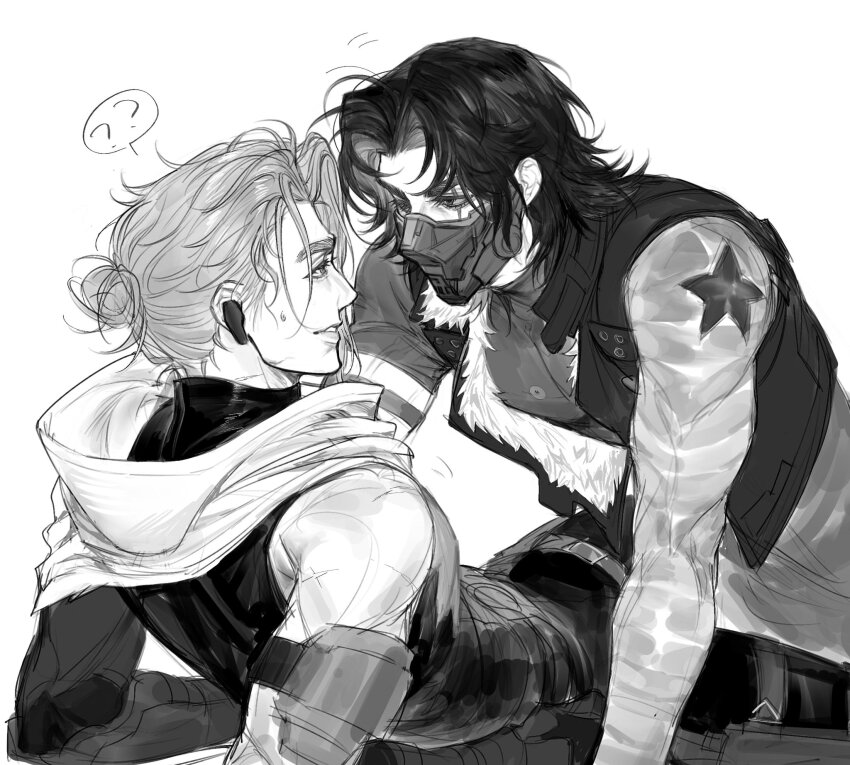 2boys ? avengers_(series) bucky_barnes clint_barton covered_mouth earpiece fur-trimmed_vest fur_trim greyscale hair_bun hawkeye_(marvel) hdhaiajhc highres long_sleeves looking_at_another lying male_focus marvel marvel_rivals mask monochrome mouth_mask multiple_boys open_clothes open_vest pants prosthesis prosthetic_arm scar scar_across_eye scar_on_face scarf shirt short_hair simple_background single_bare_shoulder smile spoken_question_mark star_(symbol) superhero_costume sweatdrop tank_top teeth vest winter_soldier yaoi