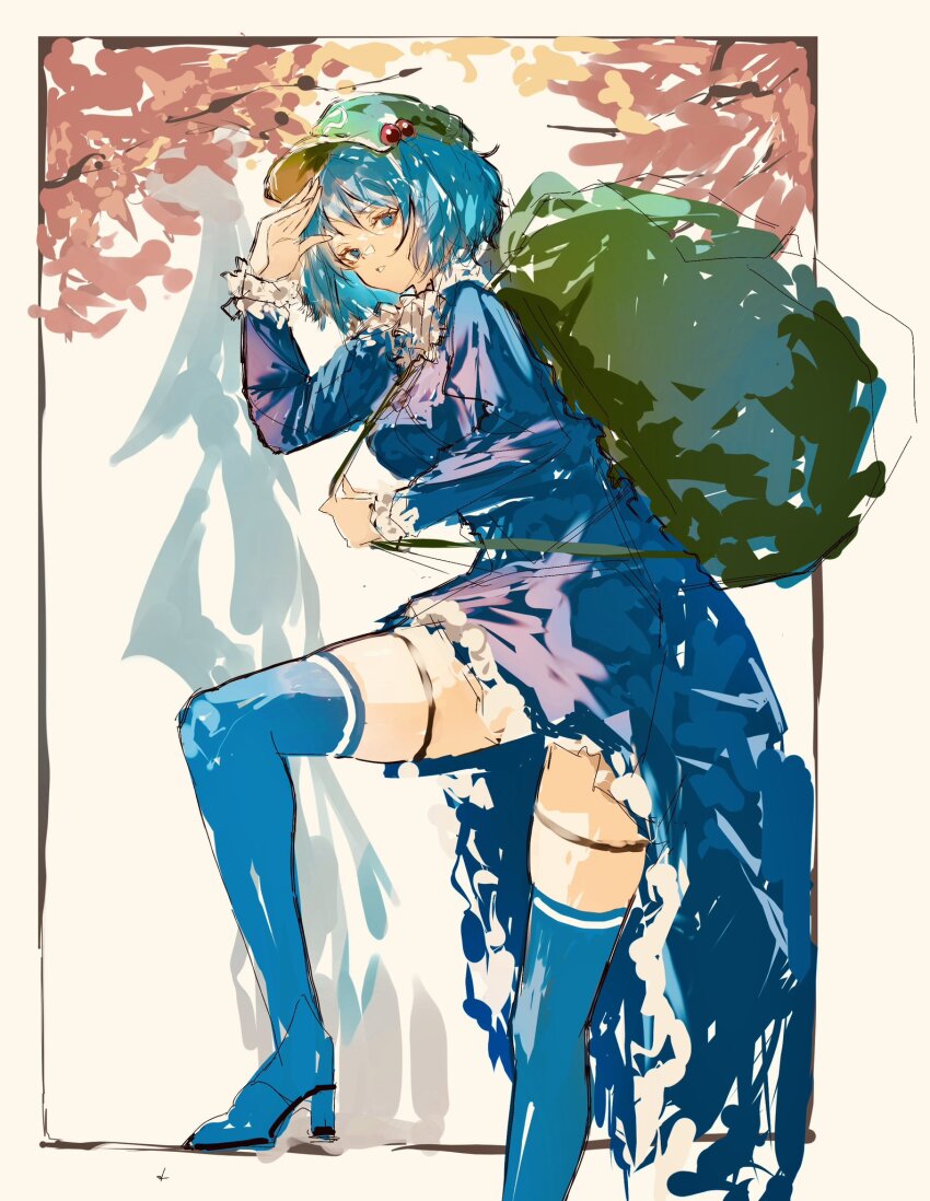 1girl backpack bag blue_boots blue_dress blue_eyes blue_hair boots breasts dress expressionless frills from_side full_body green_bag hat highres kawashiro_nitori long_sleeves medium_breasts medium_hair po_(anhk5528) simple_background solo thigh_boots thighs touhou two_side_up