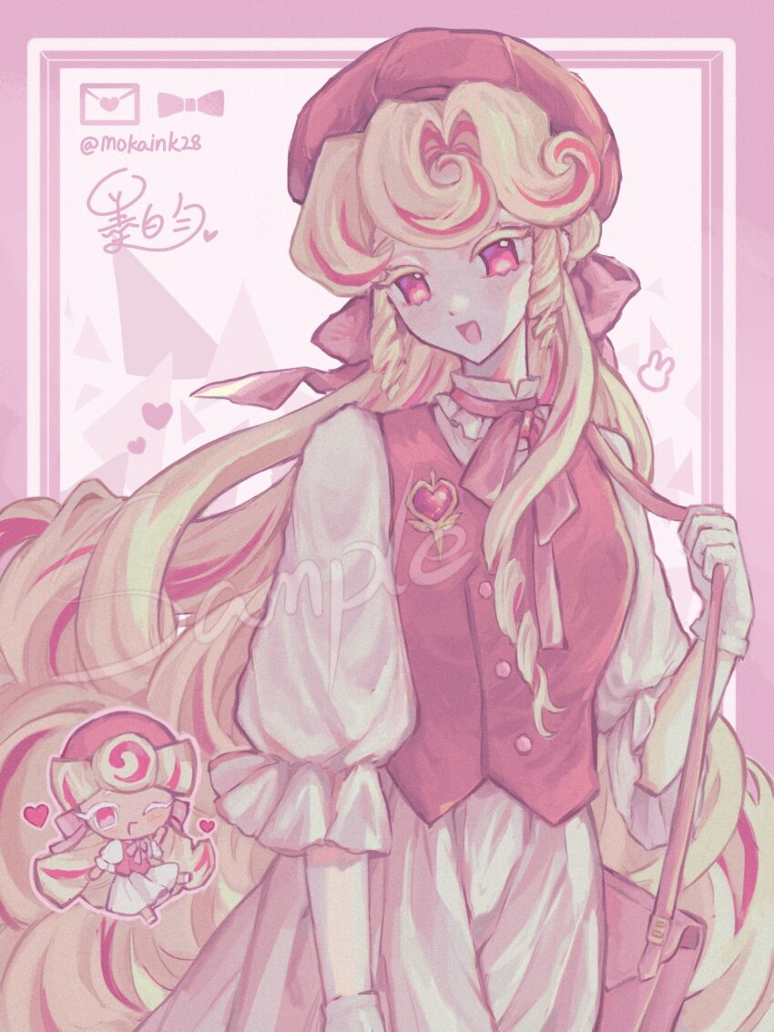 1girl :d alternate_costume blonde_hair bow chibi chibi_inset colored_eyelashes cookie_run cookie_run:_kingdom flipped_bangs hat highres humanization kouign-amann_cookie long_hair long_sleeves looking_at_viewer mokaink28 multicolored_hair open_mouth pink_background pink_bag pink_bow pink_eyes pink_hair pink_hat pink_ribbon pink_streaks pink_vest puffy_sleeves ribbon shirt simple_background skirt smile solo standing streaked_hair upper_body very_long_hair vest white_shirt white_skirt