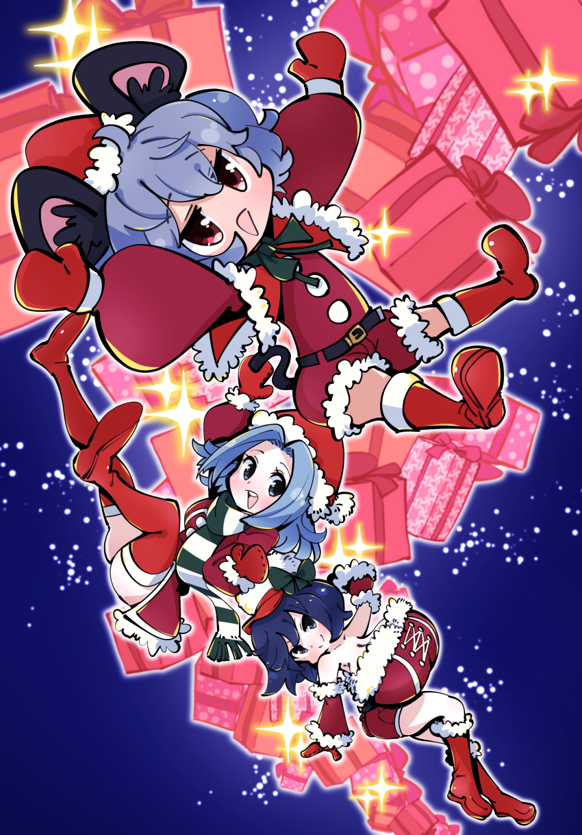 3girls absurdres alternate_costume animal_ears black_eyes black_hair blue_hair boots bow bowtie breasts christmas christmas_present cleavage closed_mouth commentary_request cookie_(touhou) detached_sleeves dress flat_chest flour_(cookie) full_body fur-trimmed_boots fur-trimmed_headwear fur-trimmed_sleeves fur_trim gift gram_9 green_bow green_bowtie green_scarf grey_hair hat highres huge_breasts kumoi_ichirin long_hair looking_at_viewer medium_breasts milk_(cookie) mittens mouse_ears mouse_girl mouse_tail multiple_girls murasa_minamitsu nazrin nyon_(cookie) open_mouth parted_bangs red_dress red_eyes red_footwear red_headwear red_mittens red_romper red_sleeves romper santa_hat scarf short_hair smile sparkle striped_clothes striped_scarf tail thigh_boots touhou white_scarf