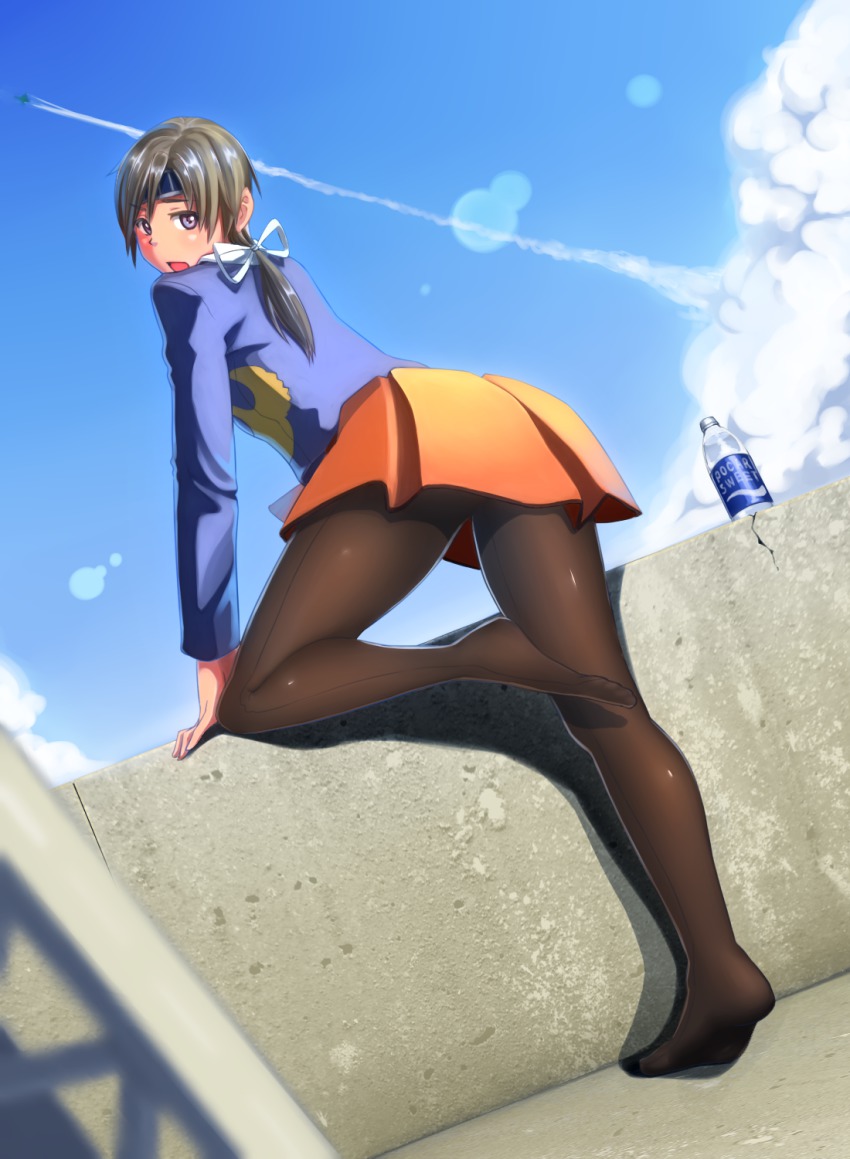 10s 1girl :d aircraft airplane black_pantyhose blue_sky blurry blush bottle brown_hair brown_pantyhose chitose_(kancolle) contrail day depth_of_field dominico female_focus flying full_body hair_ribbon headband highres jet kantai_collection legs_up long_sleeves looking_back low_ponytail no_shoes open_mouth orange_skirt outdoors pantyhose pleated_skirt pocari_sweat ponytail purple_eyes railing ribbon short_hair silhouette skirt sky smile smoke solo standing standing_on_one_leg water water_bottle white_ribbon