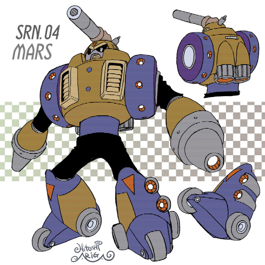 1boy vent_(object) ariga_hitoshi arm_cannon armor artist_name belt black_bodysuit black_sclera blue_armor blue_belt bodysuit boots character_name reference_sheet checkered_background chest_armor colored_sclera commentary_request concept_art dual_arm_cannons from_behind full_body gradient_background grey_background helmet highres humanoid_robot joints knee_boots looking_ahead looking_at_viewer male_focus mars_(mega_man) mega_man_(classic) mega_man_(series) mega_man_megamix mega_man_v multiple_views muted_color no_humans robot robot_joints roller_skates scanlines screw shoe_soles shoulder_armor signature simple_background skates standing tank_(container) three_quarter_view turnaround upper_body weapon wheel white_background white_eyes yellow_armor yellow_helmet