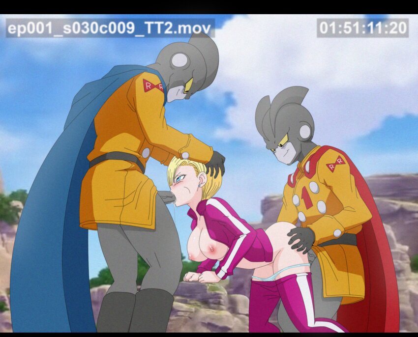 1girl 2boys android_18 ass_grab breasts breasts_out cape dragon_ball dragon_ball_super dragon_ball_super_super_hero gamma_1 gamma_2 group_sex highres multiple_boys oral robot sex sex_from_behind sexually_suggestive tagme threesome