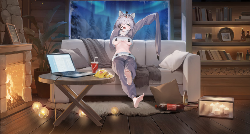 1girl absurdres animal_ears animal_hood aqua_eyes artist_request azur_lane barefoot blurry blurry_background breasts candle chips_(food) computer couch cup disposable_cup drinking_straw fake_animal_ears feet food fur-trimmed_pants fur_trim grey_hair grey_pants hair_between_eyes highres hood hood_up indoors laptop long_sleeves medium_hair multiple_views navel non-web_source official_alternate_costume official_art oleg_(azur_lane) oleg_(repose_by_the_fireplace)_(azur_lane) on_couch one_eye_closed open_mouth outstretched_arm pants pillow potato_chips sitting sleeves_past_fingers sleeves_past_wrists soda_bottle soles tongue tree underboob