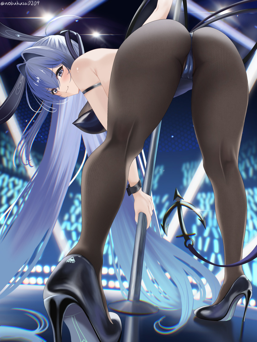 1girl :3 absurdres anchor_ornament animal_ears armband armpit_crease ass azur_lane bare_shoulders bent_over black_pantyhose black_shoes black_wrist_cuffs blue_eyes blue_hair blue_leotard blue_nails blush breasts commentary commentary_request fake_animal_ears glint glowstick hair_between_eyes hair_intakes high_heels highres holding holding_pole large_breasts leotard long_hair looking_at_viewer looking_back nail_polish new_jersey_(azur_lane) new_jersey_(exhilarating_steps!)_(azur_lane) nobukusa0209 official_alternate_costume pantyhose playboy_bunny pole rabbit_ears shoes smile solo spotlight stage stage_lights standing strapless strapless_leotard stripper_pole thighs turning_head very_long_hair wrist_cuffs