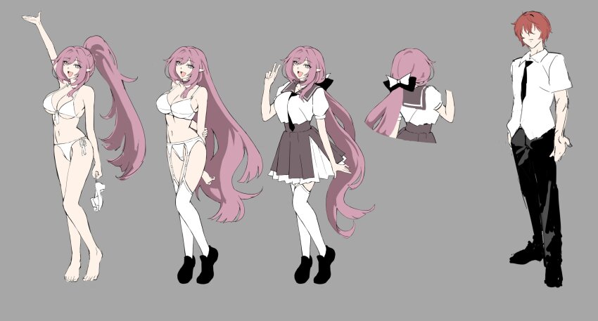 1boy 1girl bikini black_necktie black_pants black_shoes blue_eyes bra breasts captain_(honkai_impact) collared_shirt commentary_request elf elysia_(honkai_impact) garter_straps grey_sailor_collar grey_skirt highres honkai_(series) honkai_impact_3rd large_breasts long_hair multiple_views navel necktie panties pants pink_hair pleated_skirt pointy_ears ponytail red_hair sailor_collar saki_(remainaddd) school_uniform serafuku shirt shoes short_hair skirt stomach swimsuit thighhighs underwear very_long_hair white_bikini white_bra white_garter_straps white_panties white_serafuku white_shirt white_thighhighs