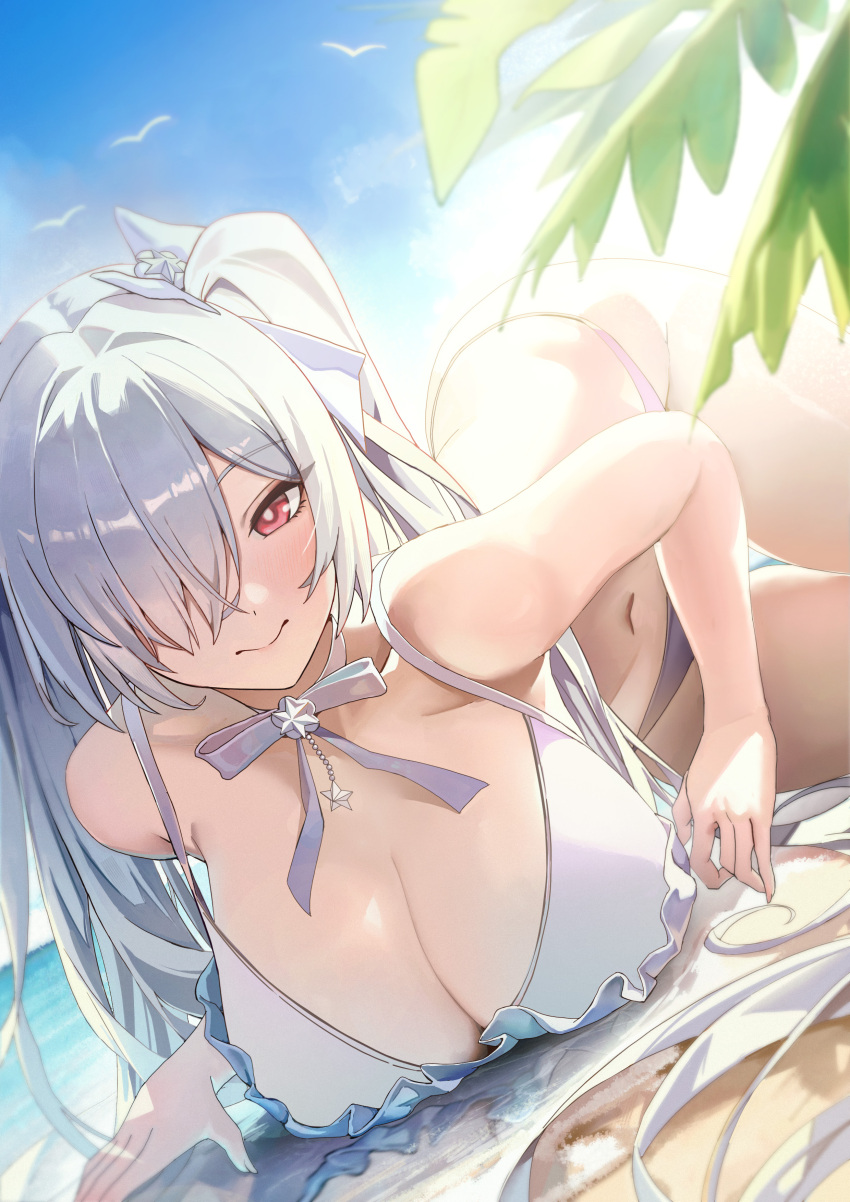 1girl absurdres alternate_costume beach breasts cinderella_(nikke) goddess_of_victory:_nikke grey_hair hair_over_one_eye hallo_(rltkdydrltk) highres large_breasts looking_at_viewer navel one_eye_covered red_eyes solo