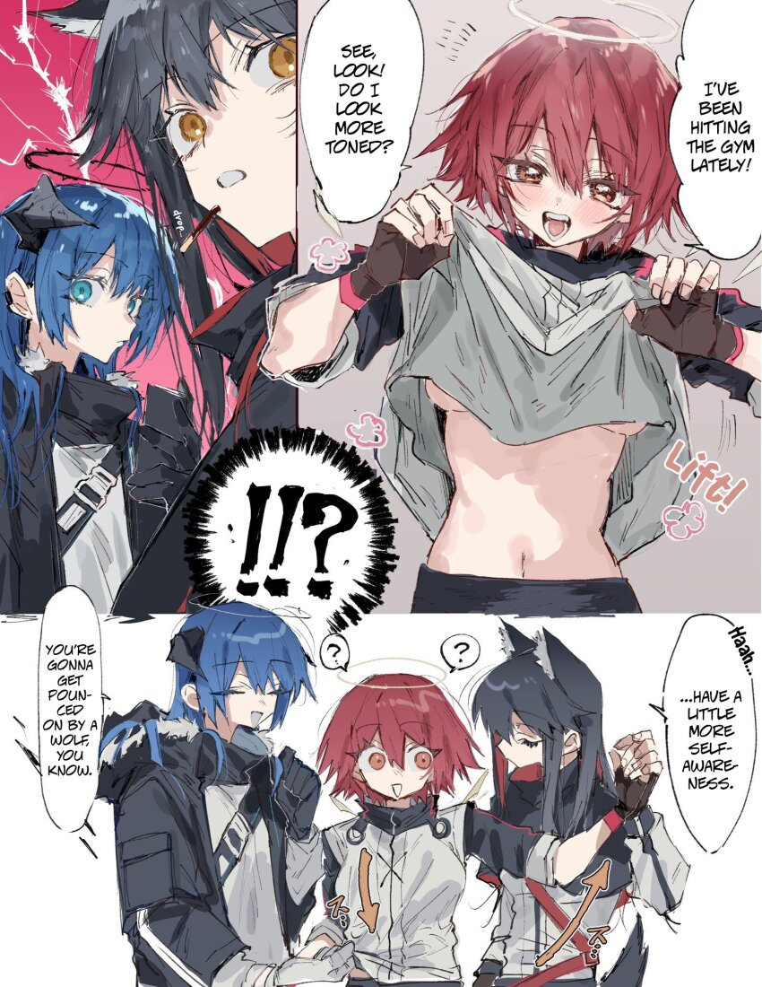 3girls ? animal_ears arknights black_gloves blue_hair breasts clothes_lift comic exusiai_(arknights) fingerless_gloves food gloves halo hard-translated highres lifting_own_clothes mostima_(arknights) multiple_girls na_tarapisu153 navel pocky red_hair shirt_lift stomach texas_(arknights) third-party_edit underboob wolf_ears