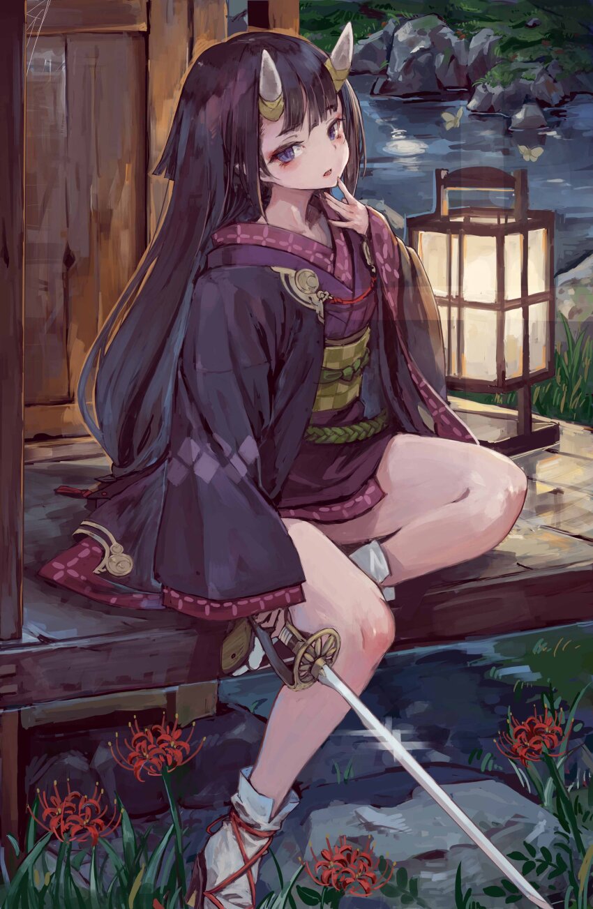 1girl absurdres bare_legs grimms_echoes hand_on_own_face highres hime_cut holding holding_weapon horns japanese_clothes kimono long_hair looking_at_viewer night on_floor onihime_(grimms_echoes) sandals suzuno_(bookshelf) sword weapon zouri