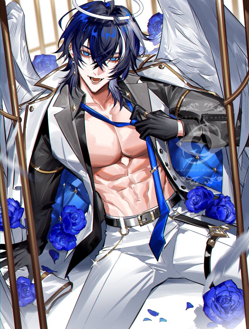 1boy :d abs absurdres adjusting_clothes adjusting_necktie angel angel_wings arm_support azeru_(vtuber) belt belt_buckle belt_chain black_belt black_gloves black_hair black_shirt blue_coat blue_eyes blue_flower blue_necktie blue_rose broken_halo buckle cage coat coat_on_shoulders collared_shirt commentary commission cowboy_shot crossed_bangs earclip earrings english_commentary feathered_wings flower gloves hair_between_eyes halo highres in_cage indie_virtual_youtuber jewelry lips long_sleeves looking_at_viewer loose_necktie lower_teeth_only male_focus medium_hair multicolored_hair multiple_rings necktie open_clothes open_mouth open_shirt open_vest padded_coat pants pectoral_cleavage pectorals petals ring riu_(mybloodynails) rose shirt sitting sleeve_garter smile solo spread_legs streaked_hair teeth thigh_strap tie_clip toned toned_male two-sided_coat two-sided_fabric vest virtual_youtuber watermark white_coat white_hair white_halo white_pants white_vest white_wings wings