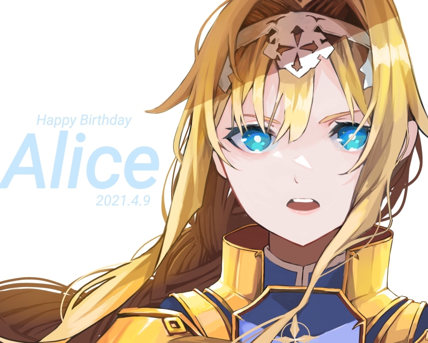 1girl 2021 alice_zuberg blonde_hair blue_eyes blue_shirt braid braided_ponytail character_name commentary dated english_commentary english_text etain_(e_t_a_i_n) gold_trim hair_intakes happy_birthday headband high_collar highres lips long_bangs long_hair looking_at_viewer open_mouth portrait shirt solo sword_art_online sword_art_online:_alicization teeth upper_teeth_only white_headband