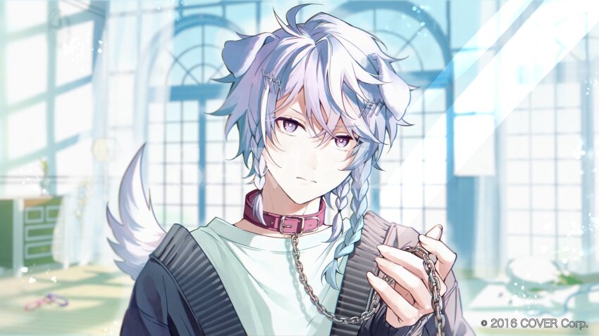 1boy animal_collar animal_ears belt_collar black_cardigan blue_hair blurry blurry_background blush cardigan chain chain_leash collar copyright_notice day dog_boy dog_ears dog_tail drawer ears_down frown gradient_hair hair_between_eyes hair_ornament hairclip hand_up head_tilt highres holding holding_leash holostars holostars_english indoors kemonomimi_mode leash light_particles looking_at_viewer male_focus multicolored_hair muntins octavio official_art open_cardigan open_clothes pink_eyes portrait purple_hair red_collar sample_watermark shirt short_hair solo sunlight t-shirt tail tri_braids virtual_youtuber watermark white_shirt white_xxxx window