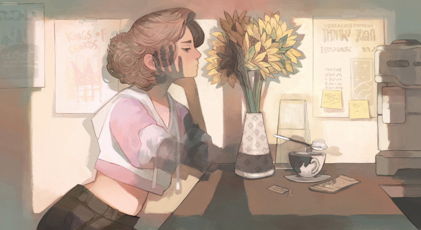 1girl brown_hair cropped_hoodie cup drawstring holding holding_spoon hood hood_down hoodie indoors medium_hair midriff original plate profile shadow solo spoon surreal upper_body vase ver_(verface)