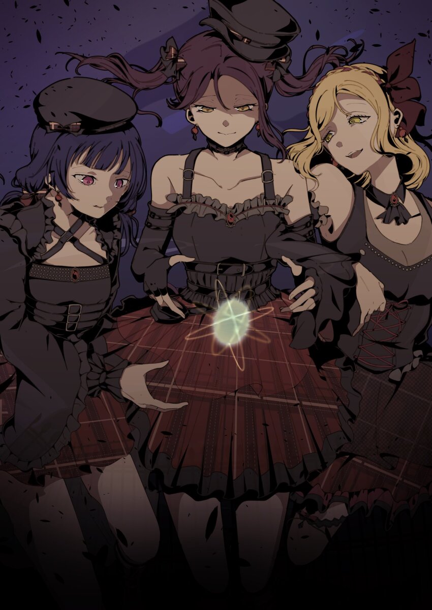 3girls :d black_hat black_shirt blonde_hair breasts cleavage closed_mouth collarbone commentary dark english_commentary feet_out_of_frame guilty_kiss_(love_live!) half-closed_eyes hat highres kiko_ycr long_hair love_live! love_live!_sunshine!! medium_breasts medium_hair miniskirt multiple_girls official_alternate_costume ohara_mari open_mouth parted_lips pink_eyes plaid_clothes plaid_skirt purple_background purple_hair red_hair red_skirt sakurauchi_riko see-through_cleavage see-through_clothes shirt shooting_star_warrior_(love_live!) skirt sleeveless sleeveless_shirt smile tsushima_yoshiko twintails yellow_eyes
