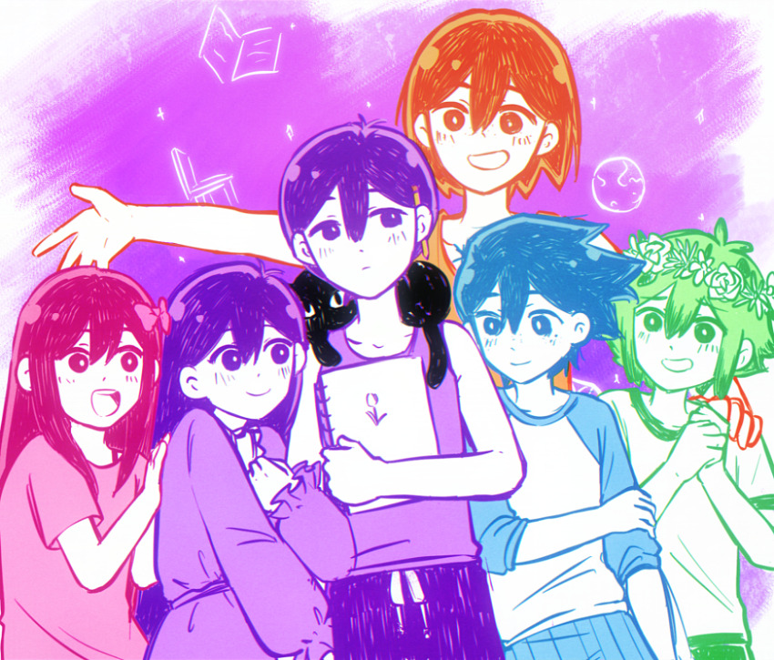 2girls 4boys alternate_color alternate_costume alternate_universe antenna_hair aubrey_(headspace)_(omori) aubrey_(omori) bailan1130 basil_(headspace)_(omori) basil_(omori) black_shorts blue_eyes blue_hair blush bow bright_pupils cat closed_mouth collarbone colored_skin hair_bow hero_(headspace)_(omori) hero_(omori) highres holding holding_sketchbook kel_(headspace)_(omori) kel_(omori) long_hair long_sleeves looking_at_another mari_(headspace)_(omori) mari_(omori) mewo multiple_boys multiple_girls omori omori_(omori) open_mouth orange_eyes orange_hair pink_bow pink_eyes pink_hair purple_eyes purple_tank_top shirt short_hair short_sleeves shorts sketchbook smile t-shirt tank_top teeth upper_teeth_only white_pupils white_skin