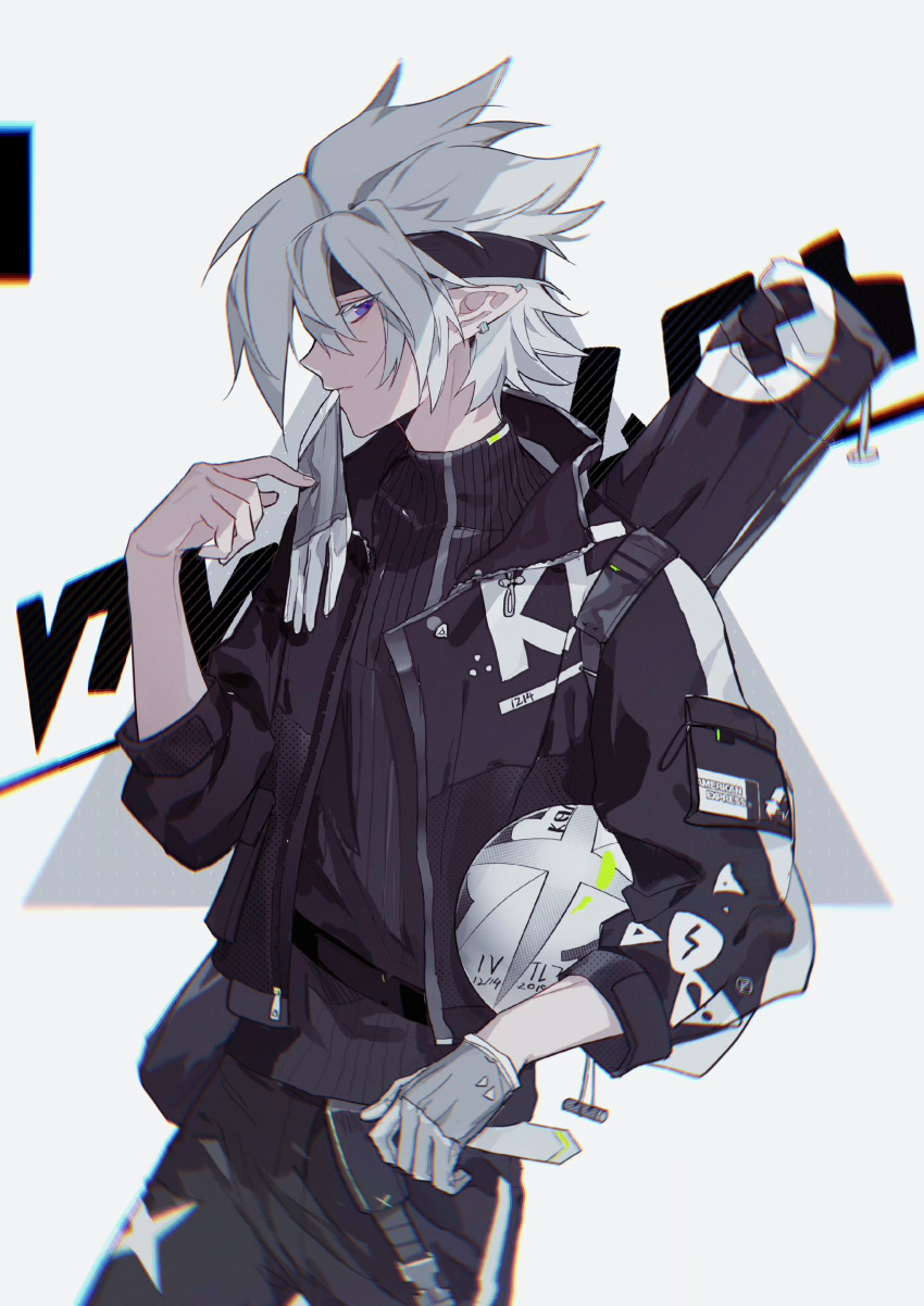 1boy absurdres alternate_costume aotu_world ball black_jacket black_pants chromatic_aberration closed_mouth cowboy_shot earrings gloves grey_(aotu_world) grey_gloves grey_hair hair_between_eyes headband highres holding holding_ball instrument_case jacket jewelry kelme long_sleeves looking_at_viewer male_focus mouth_hold open_clothes open_jacket pants pointy_ears purple_eyes short_hair simple_background single_glove solo spiked_hair sweater turtleneck white_background white_gloves white_hair