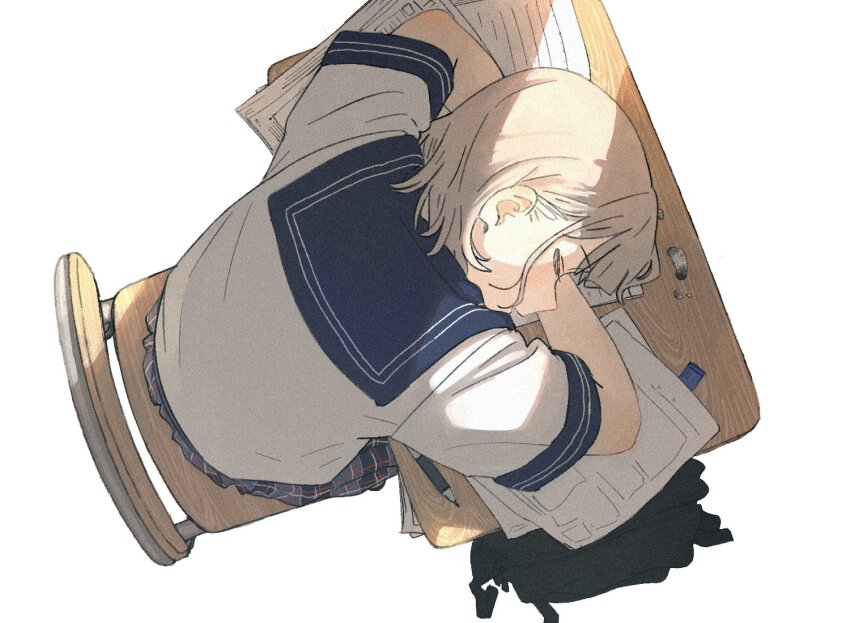 1girl bag blue_skirt brown_hair chair closed_eyes desk from_above head_on_table idolmaster idolmaster_shiny_colors mechanical_pencil open_mouth paper pencil plaid_clothes plaid_skirt sailor_collar school_bag school_chair school_desk school_uniform serizawa_asahi shirt short_hair short_sleeves simple_background sitting skirt sleeping solo tenoo12 white_background white_shirt