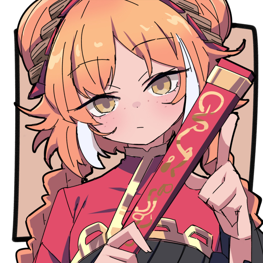 1girl an_apple_akaao black_dress border braid brown_background chinese_clothes double_bun dress family_hierarch_candidate_(identity)_(project_moon) freckles hair_bun hand_fan holding holding_fan ishmael_(project_moon) limbus_company long_hair looking_at_viewer multicolored_hair orange_hair project_moon red_shrug simple_background solo streaked_hair twin_braids upper_body very_long_hair white_border white_hair yellow_eyes